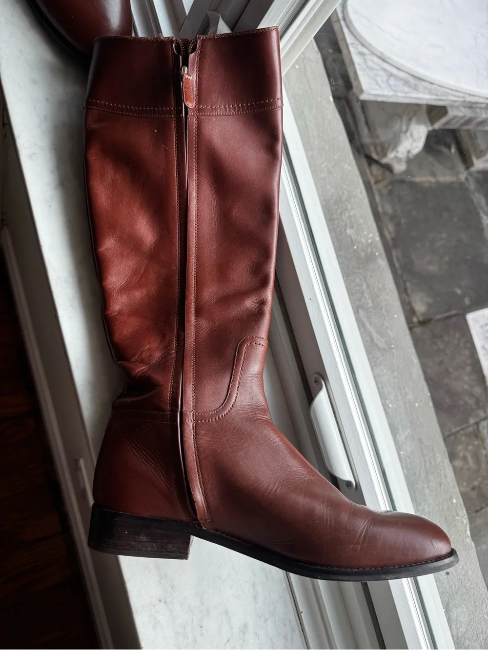 Tory Burch Chestnut Brown Leather Knee Boots with Logo Medallion